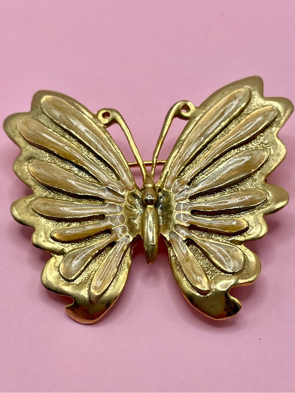 Vintage AAI Gold Tone Butterfly Brooch with Cream Accents